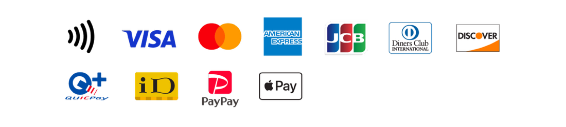 Visa、Mastercard、American Express、JCB、Diners Club、Discover、QUICPay、iD、PayPay、Apple Pay